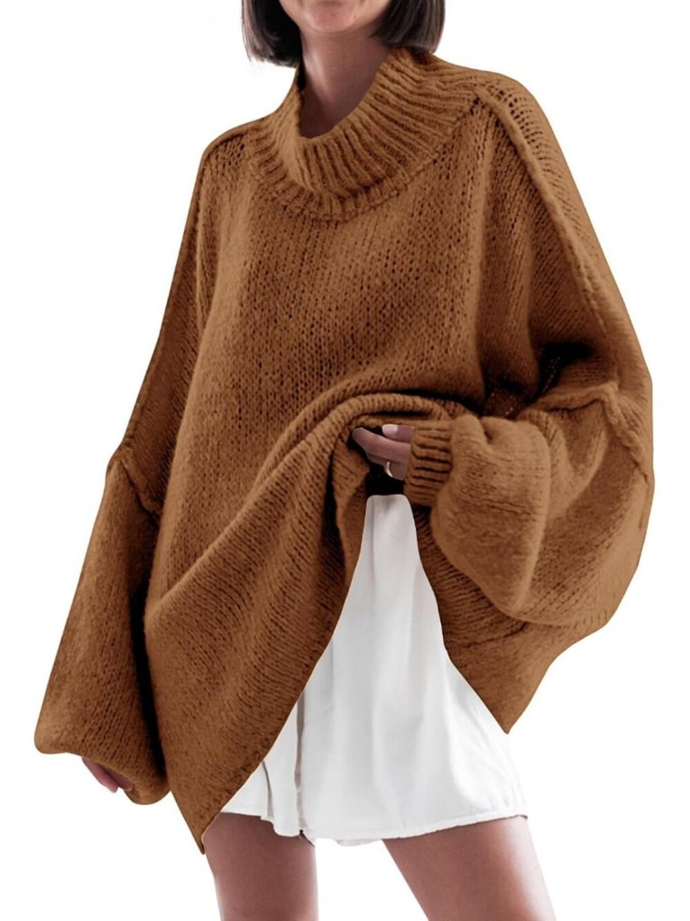 Women's Brown Casual Oversized Sweaters Mock Neck Fall Winter Tunic Sweater